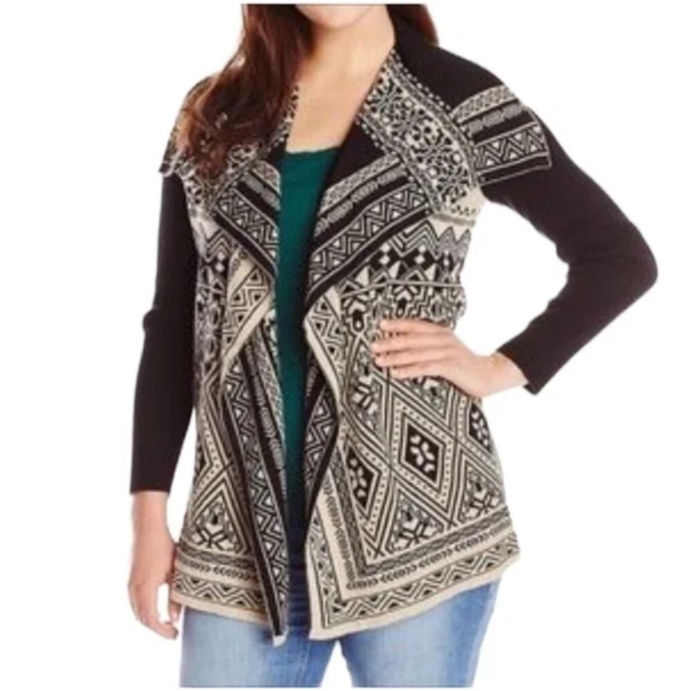 Lucky Brand Cream & Black Aztec Tribal Open Front Boho Sweater Cardigan Large